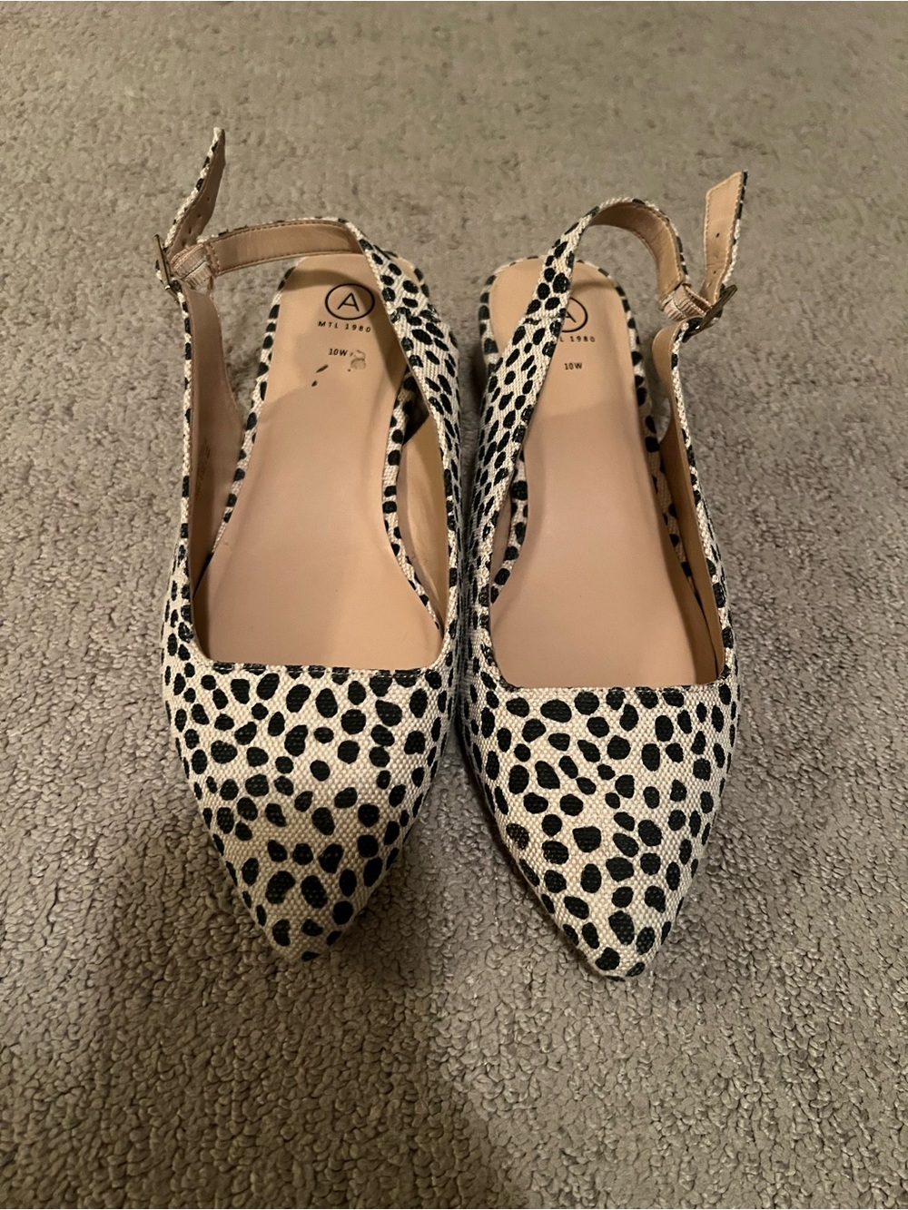 Addition Elle Pointed Slingback Flats in Cream and Black Spot